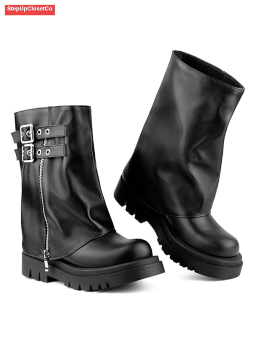 Women's Fold Over Mid Calf Combat Boots Distressed Faux Leather Motorcycle Style